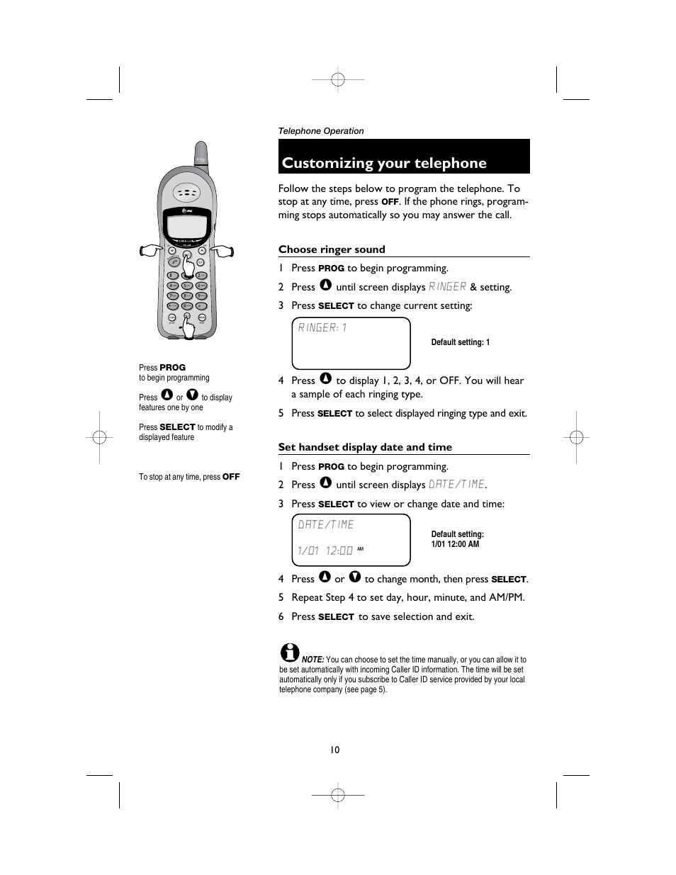 Telephone operation, Customizing your telephone, Choose ringer sound | Set handset display date and time | AT&T 1165 User Manual | Page 12 / 47