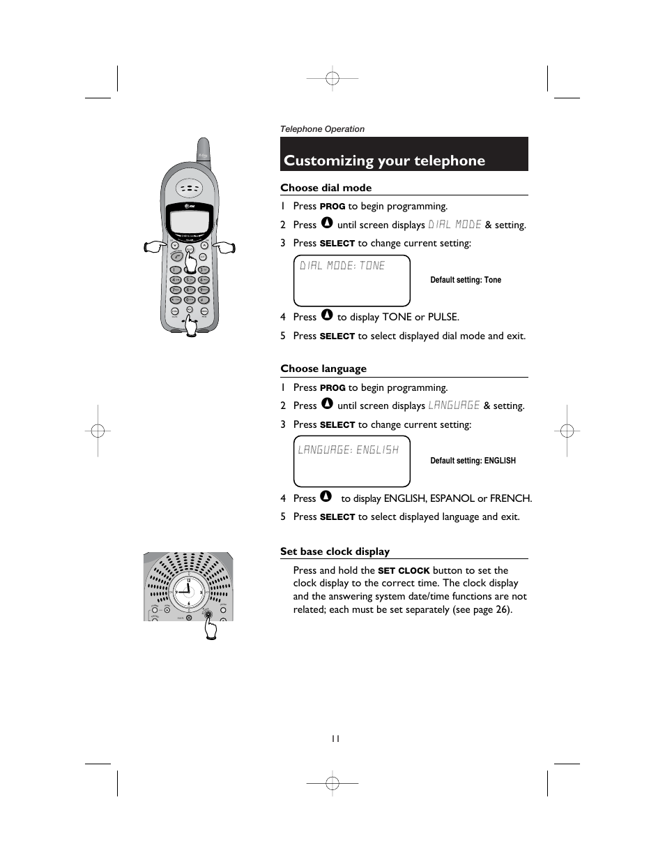 Choose dial mode, Choose language, Set base clock display | Customizing your telephone | AT&T 1165 User Manual | Page 13 / 47