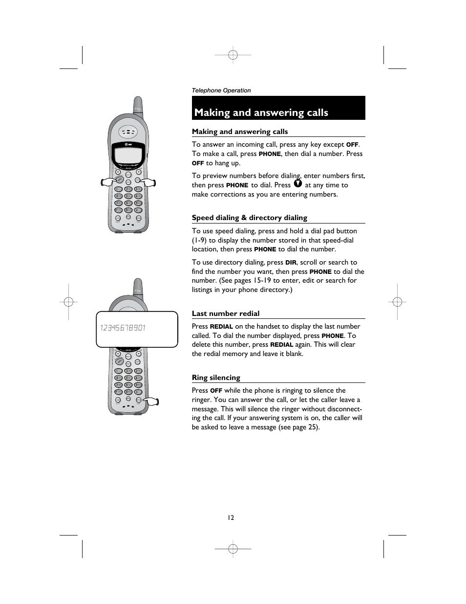 Making and answering calls, Speed dialing & directory dialing, Last number redial | Ring silencing | AT&T 1165 User Manual | Page 14 / 47
