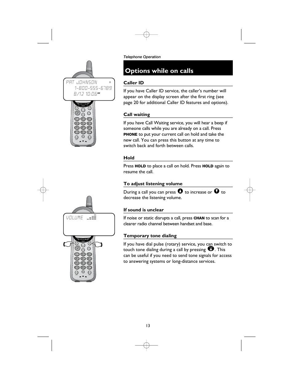 Options while on calls, Caller id, Call waiting | Hold, To adjust listening volume, If sound is unclear, Temporary tone dialing | AT&T 1165 User Manual | Page 15 / 47