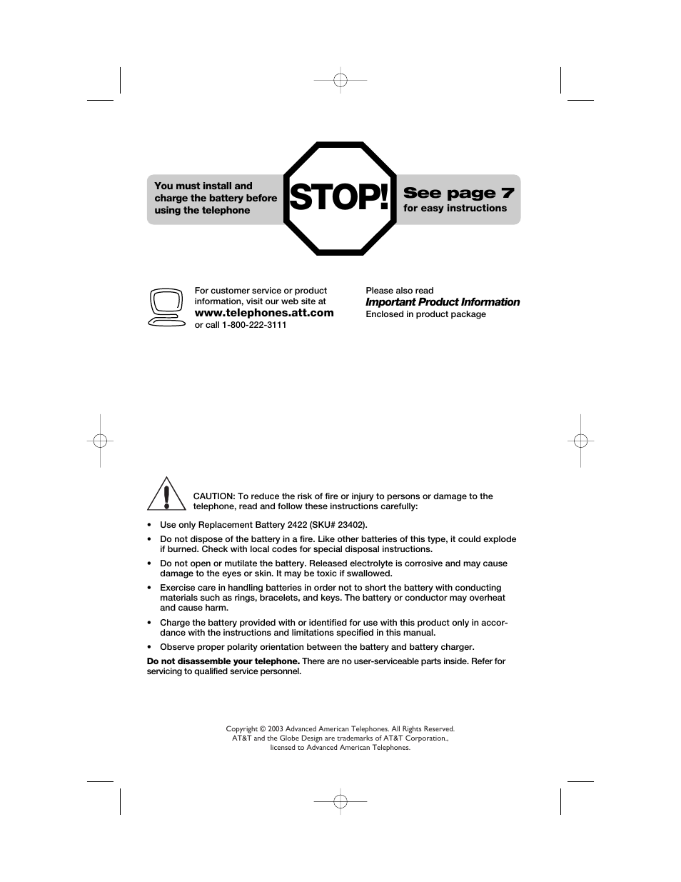 Stop, See page 7 | AT&T 1165 User Manual | Page 2 / 47