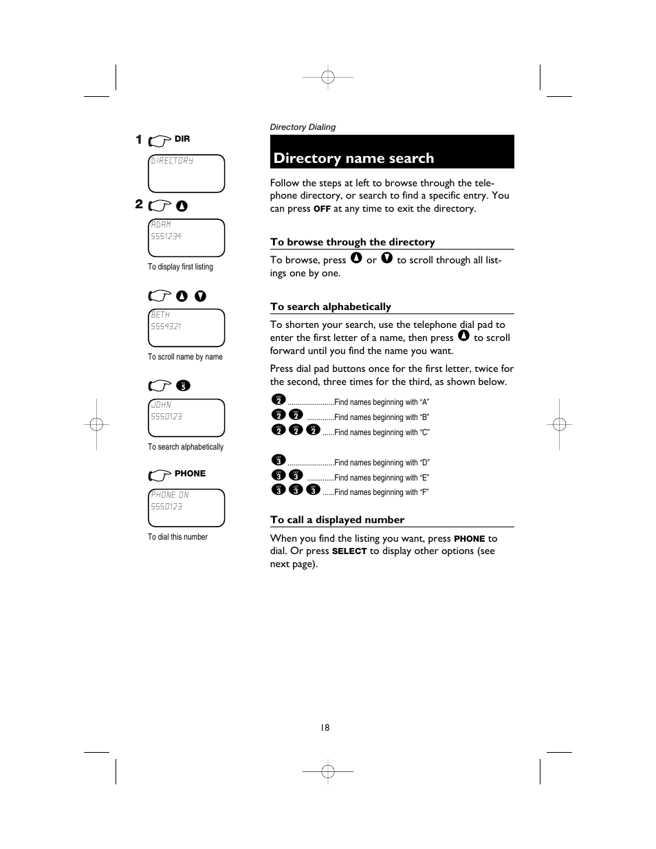 Directory name search, To browse through the directory, To search alphabetically | To call a displayed number | AT&T 1165 User Manual | Page 20 / 47