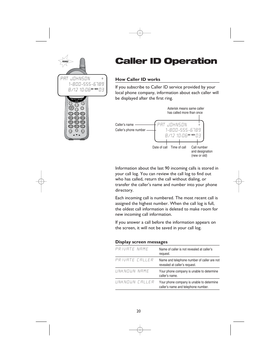 Caller id operation, How caller id works, Display screen messages | Private name, Private caller, Unknown name, Unknown caller | AT&T 1165 User Manual | Page 22 / 47