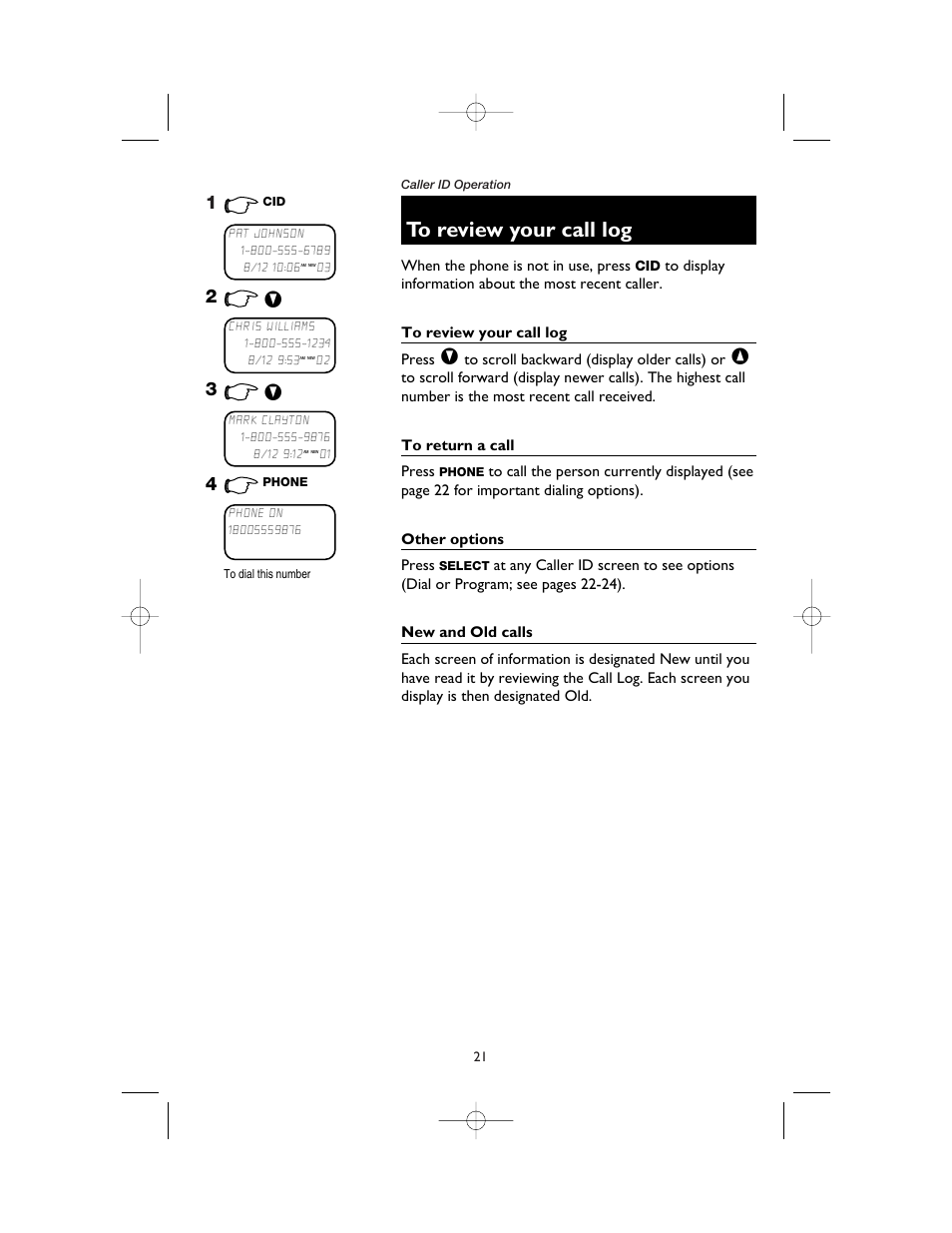 To review your call log, To return a call, Other options | New and old calls | AT&T 1165 User Manual | Page 23 / 47