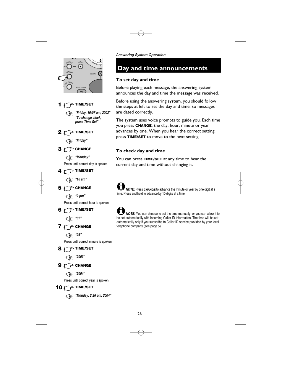 Day and time announcements, To set day and time, To check day and time | AT&T 1165 User Manual | Page 28 / 47