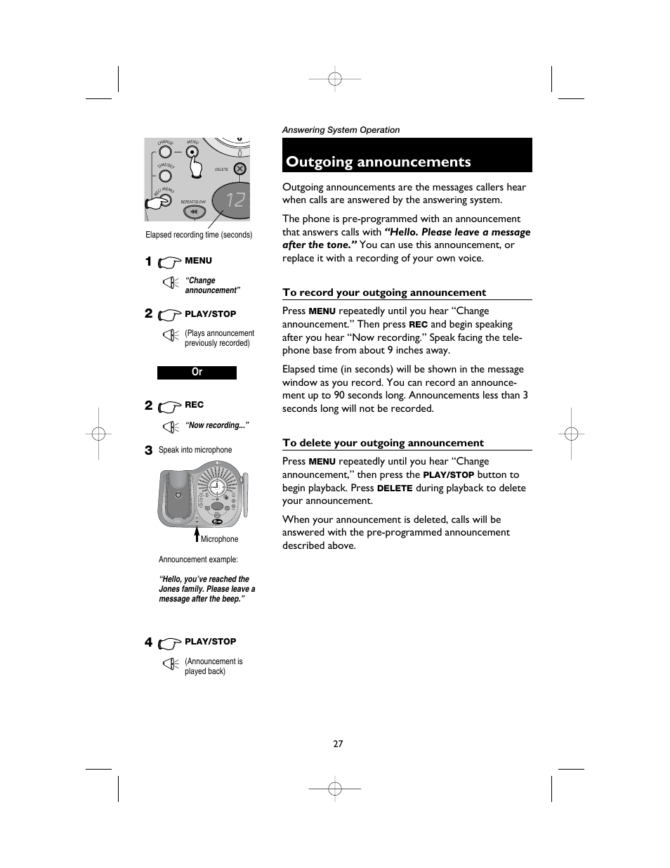 Outgoing announcements, To record your outgoing announcement, To delete your outgoing announcement | AT&T 1165 User Manual | Page 29 / 47