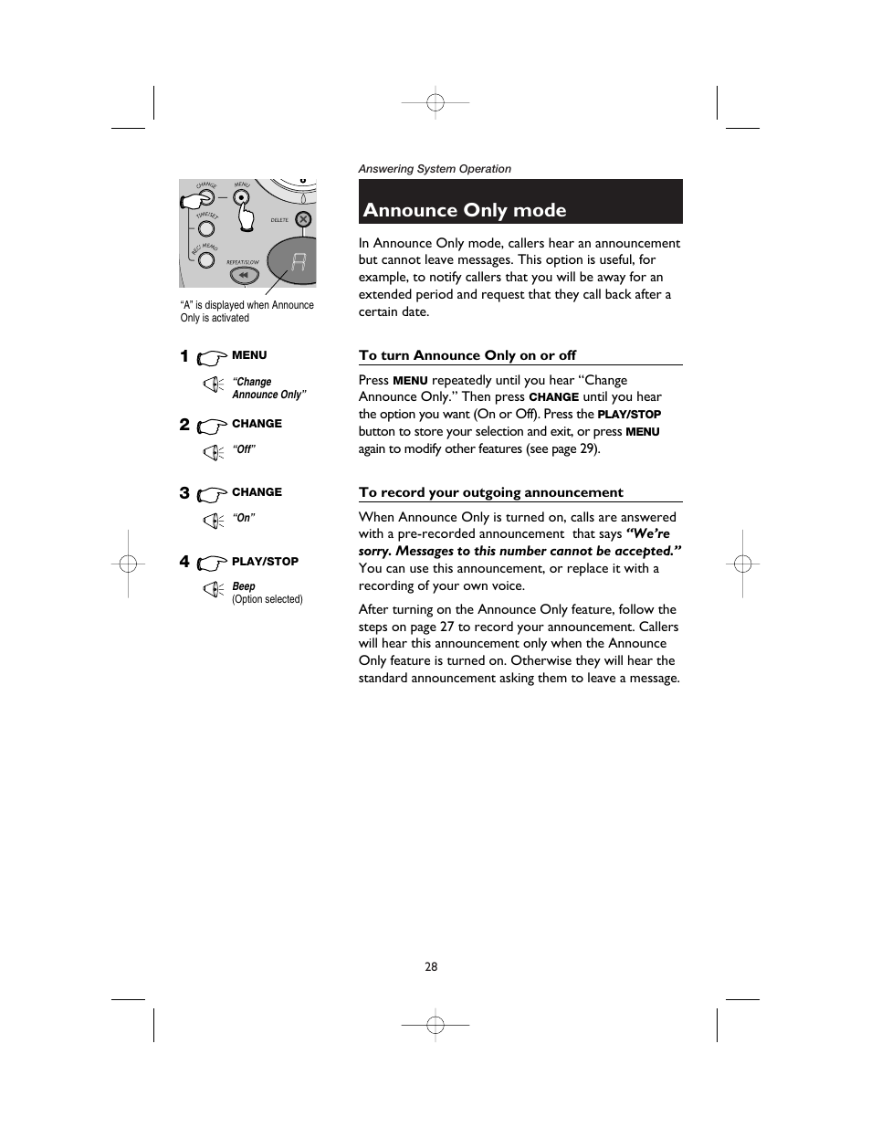 Announce only mode, To turn announce only on or off, To record your outgoing announcement | AT&T 1165 User Manual | Page 30 / 47