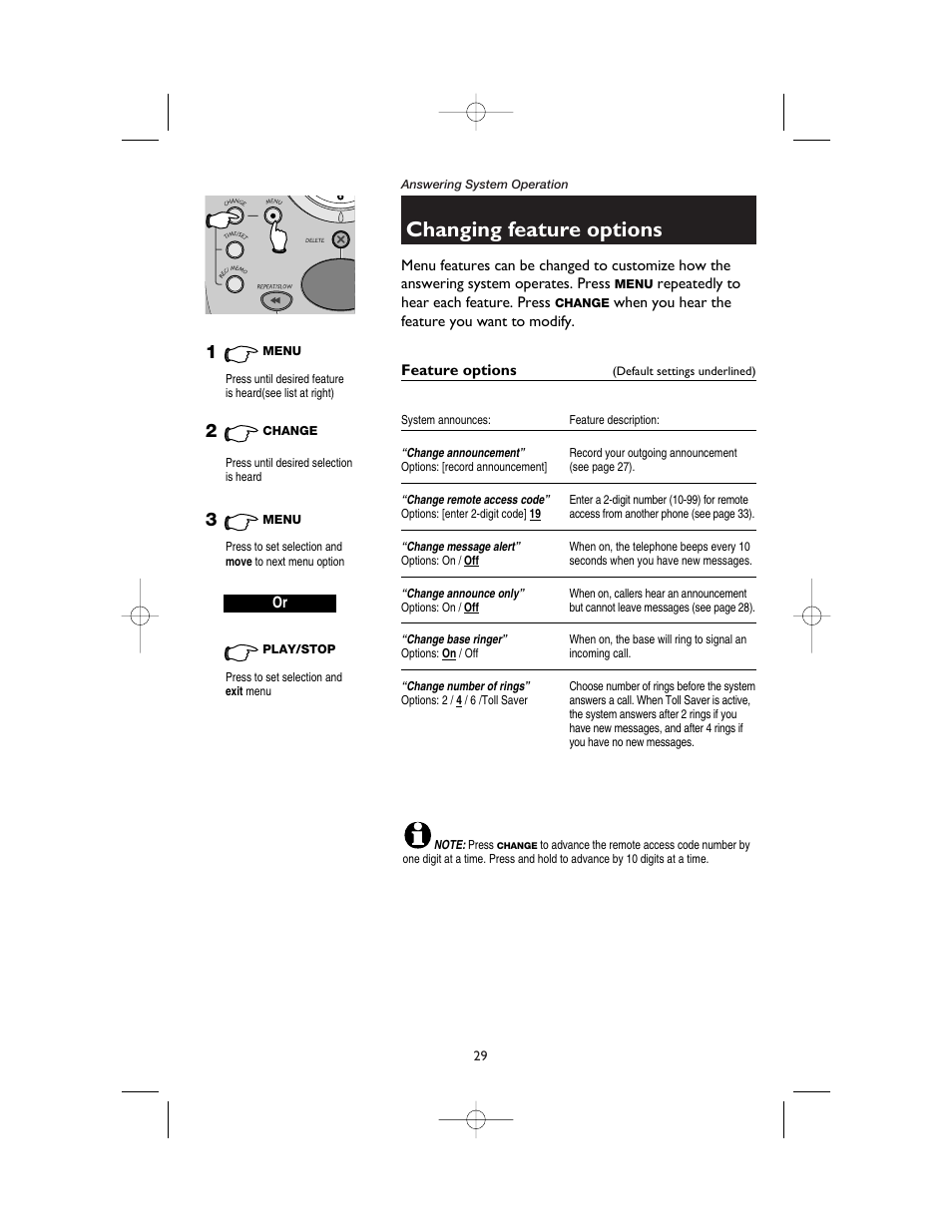 Changing feature options, Feature options, Change announcement | Change remote access code, Change message alert, Change announce only, Change base ringer, Change number of rings | AT&T 1165 User Manual | Page 31 / 47