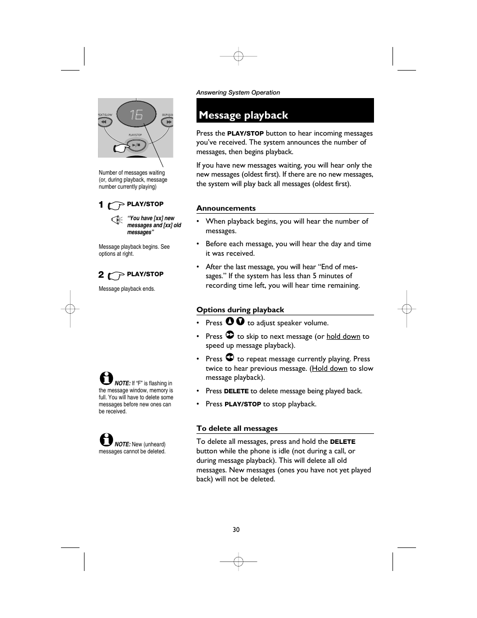 Message playback, Announcements, Options during playback | To delete all messages | AT&T 1165 User Manual | Page 32 / 47