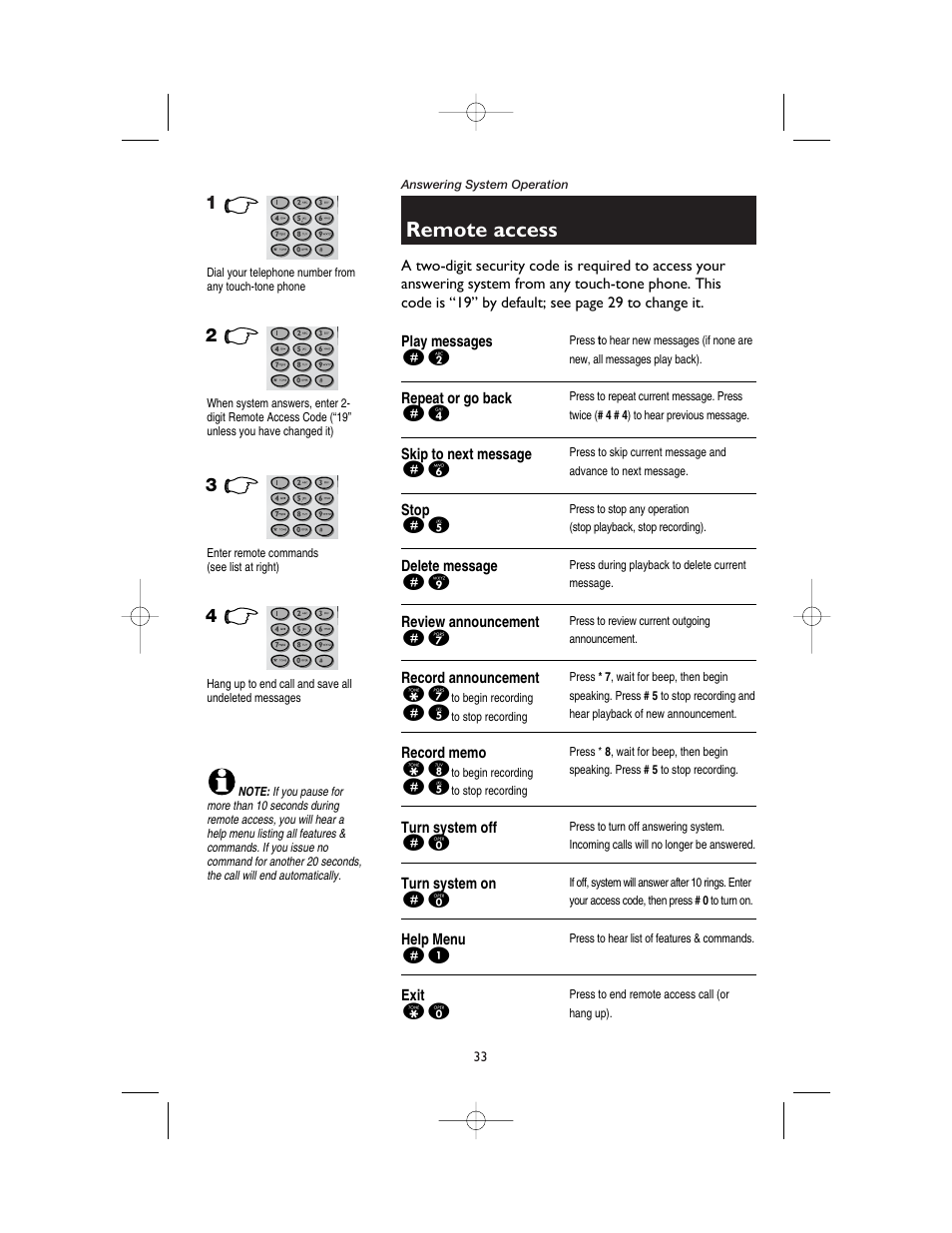 Remote access, Play messages, Repeat or go back | Skip to next message, Stop, Delete message, Review announcement, Record announcement, Record memo, Turn system off | AT&T 1165 User Manual | Page 35 / 47