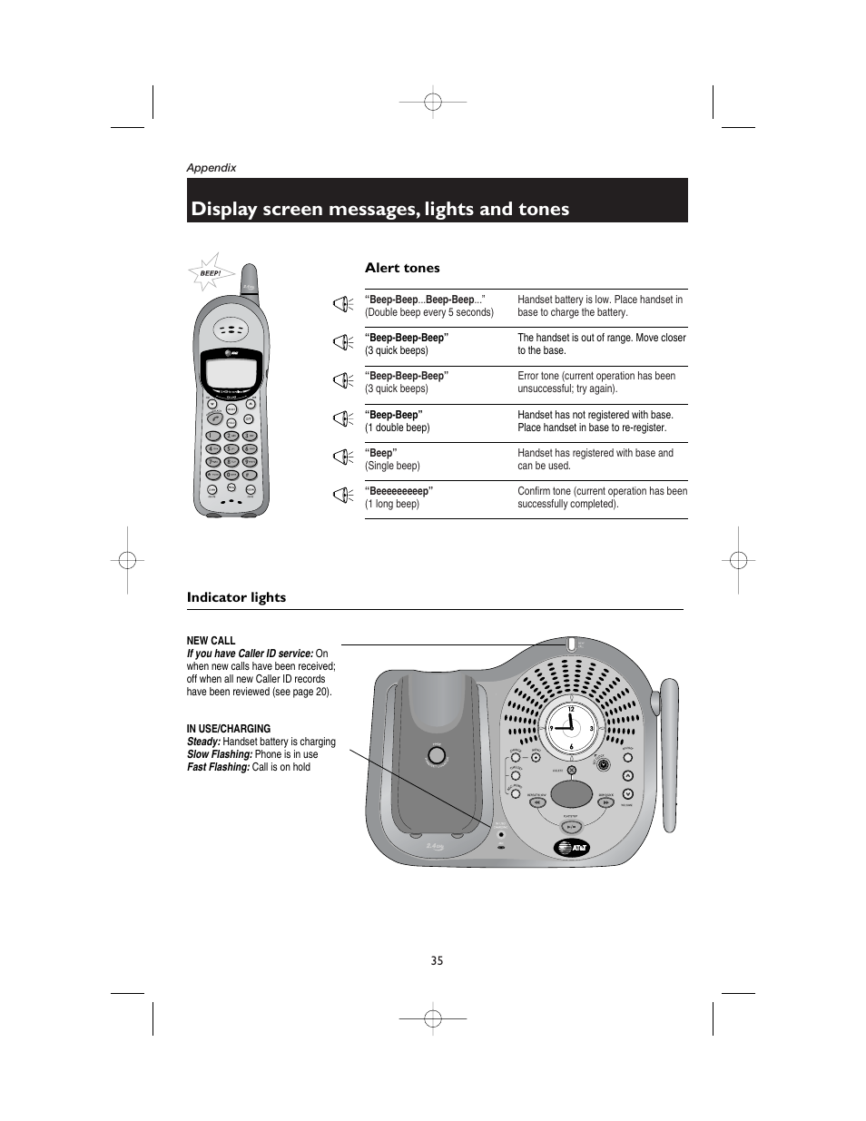 Alert tones, Double beep every 5 seconds, 3 quick beeps | 1 double beep, Single beep, 1 long beep, Indicator lights, New call, In use/ charging, Display screen messages, lights and tones | AT&T 1165 User Manual | Page 37 / 47