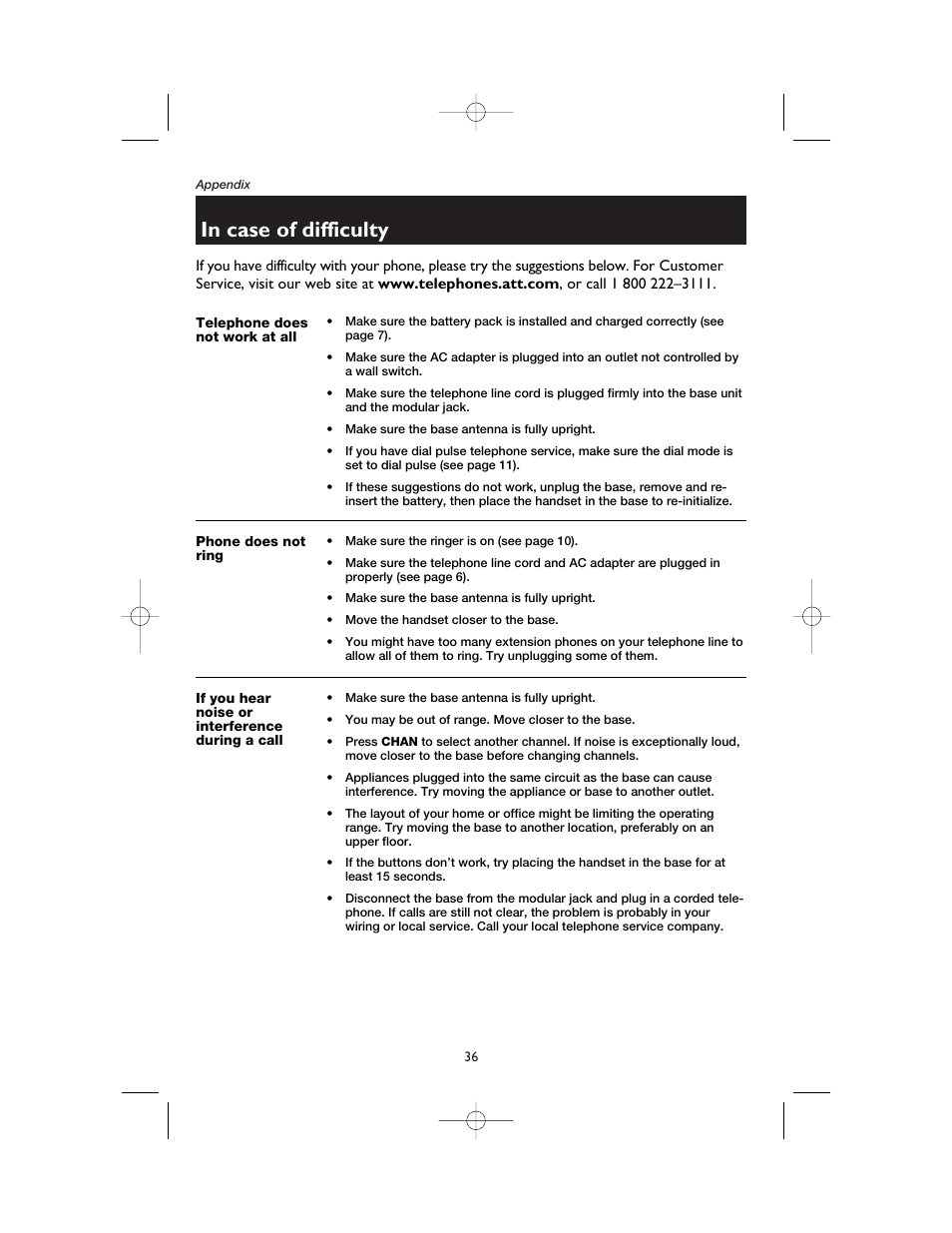 In case of difficulty, Telephone does not work at all, Phone does not ring | If you hear noise or interference during a call | AT&T 1165 User Manual | Page 38 / 47