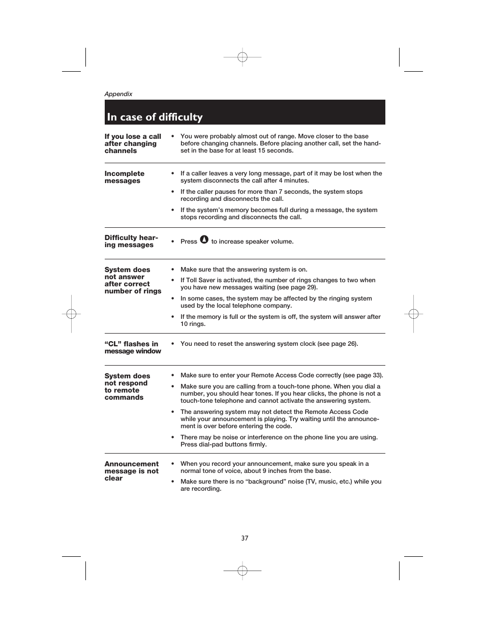 If you lose a call after changing channels, Incomplete messages, Difficulty hearing messages | Cl” flashes in message window, System does not respond to remote commands, Announcement message is not clear | AT&T 1165 User Manual | Page 39 / 47