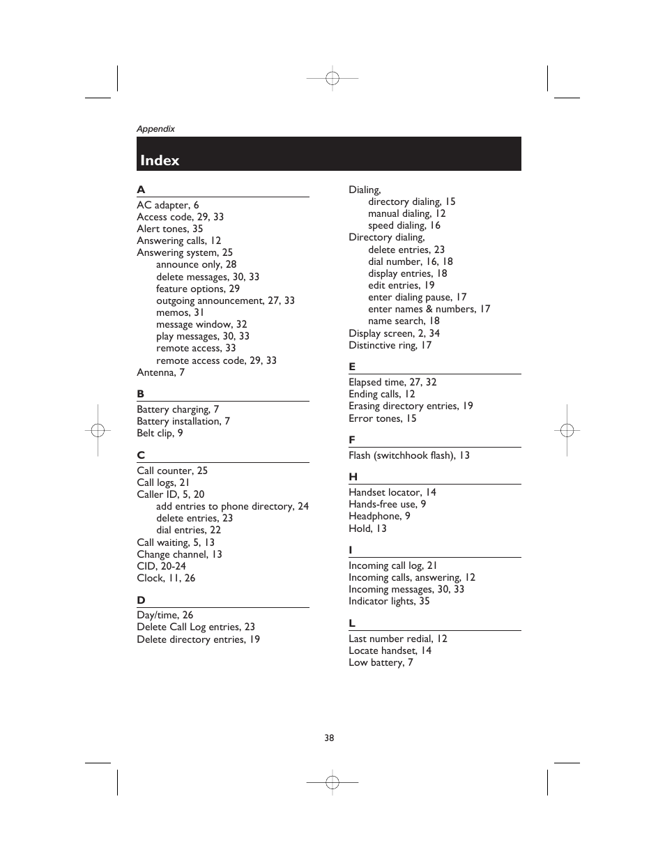 Index | AT&T 1165 User Manual | Page 40 / 47