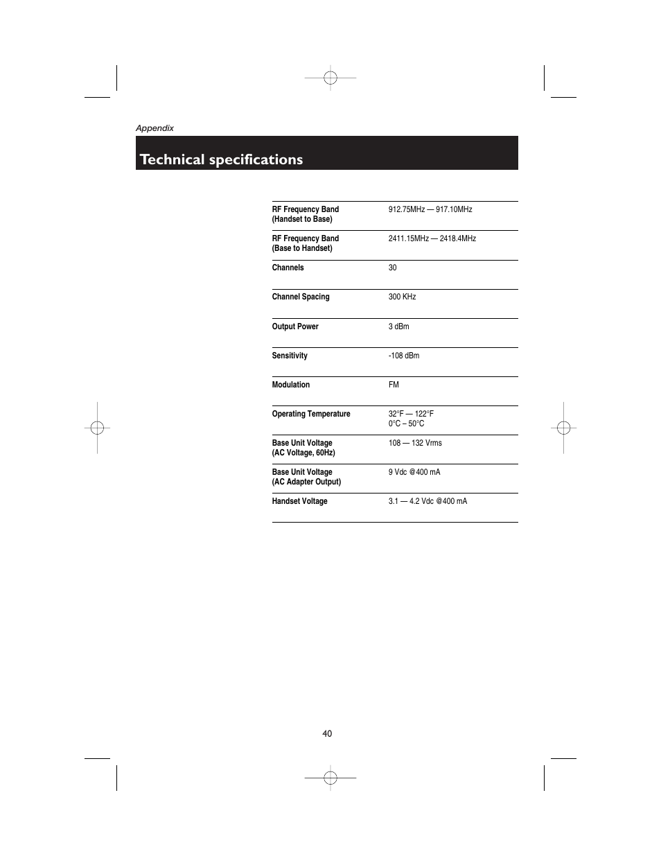 Technical specifications | AT&T 1165 User Manual | Page 42 / 47
