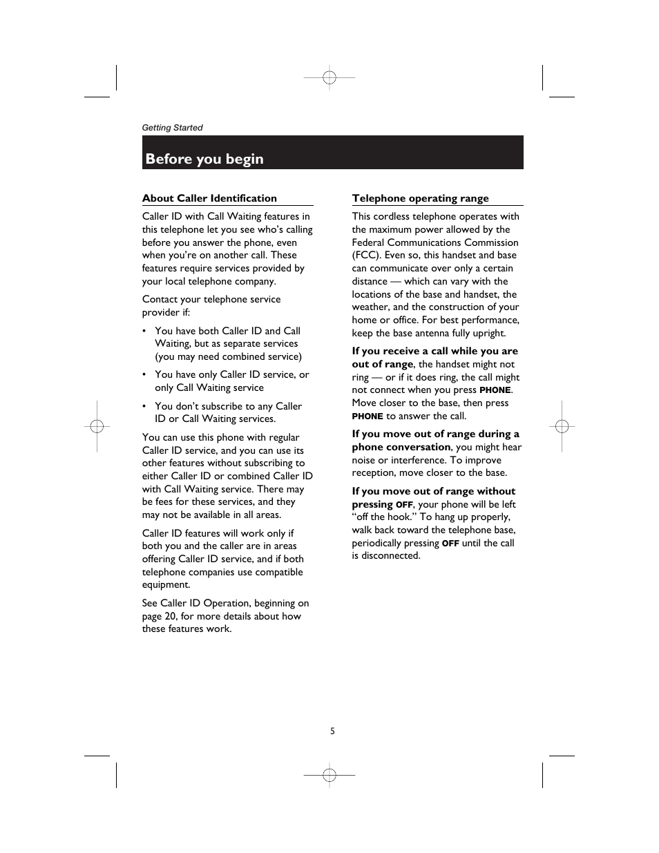 Before you begin, About caller identification, Telephone operating range | If you receive a call while you are out of range, If you move out of range without pressing off | AT&T 1165 User Manual | Page 7 / 47