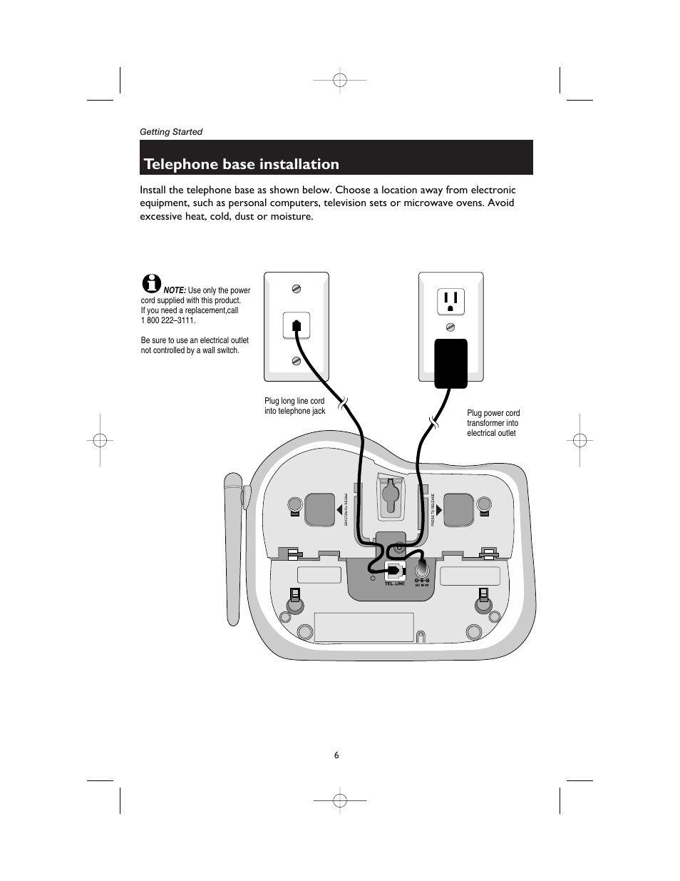 Telephone base installation, Plug long line cord into telephone jack, Plug power cord transformer into electrical outlet | AT&T 1165 User Manual | Page 8 / 47