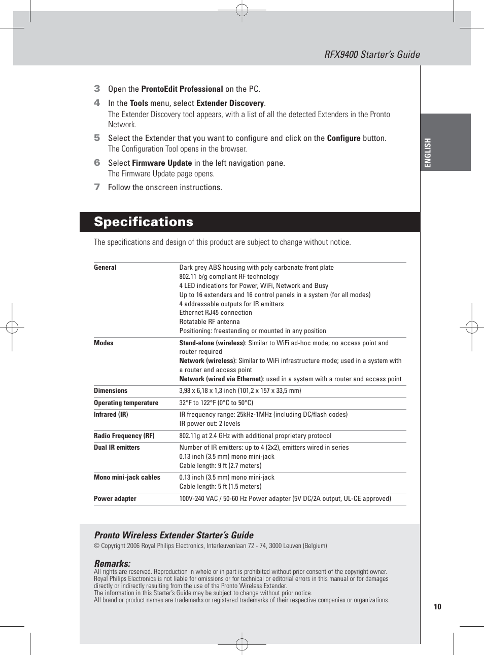 Specifications, Rfx9400 starter’s guide | Philips Pronto Extension sans fil User Manual | Page 13 / 40