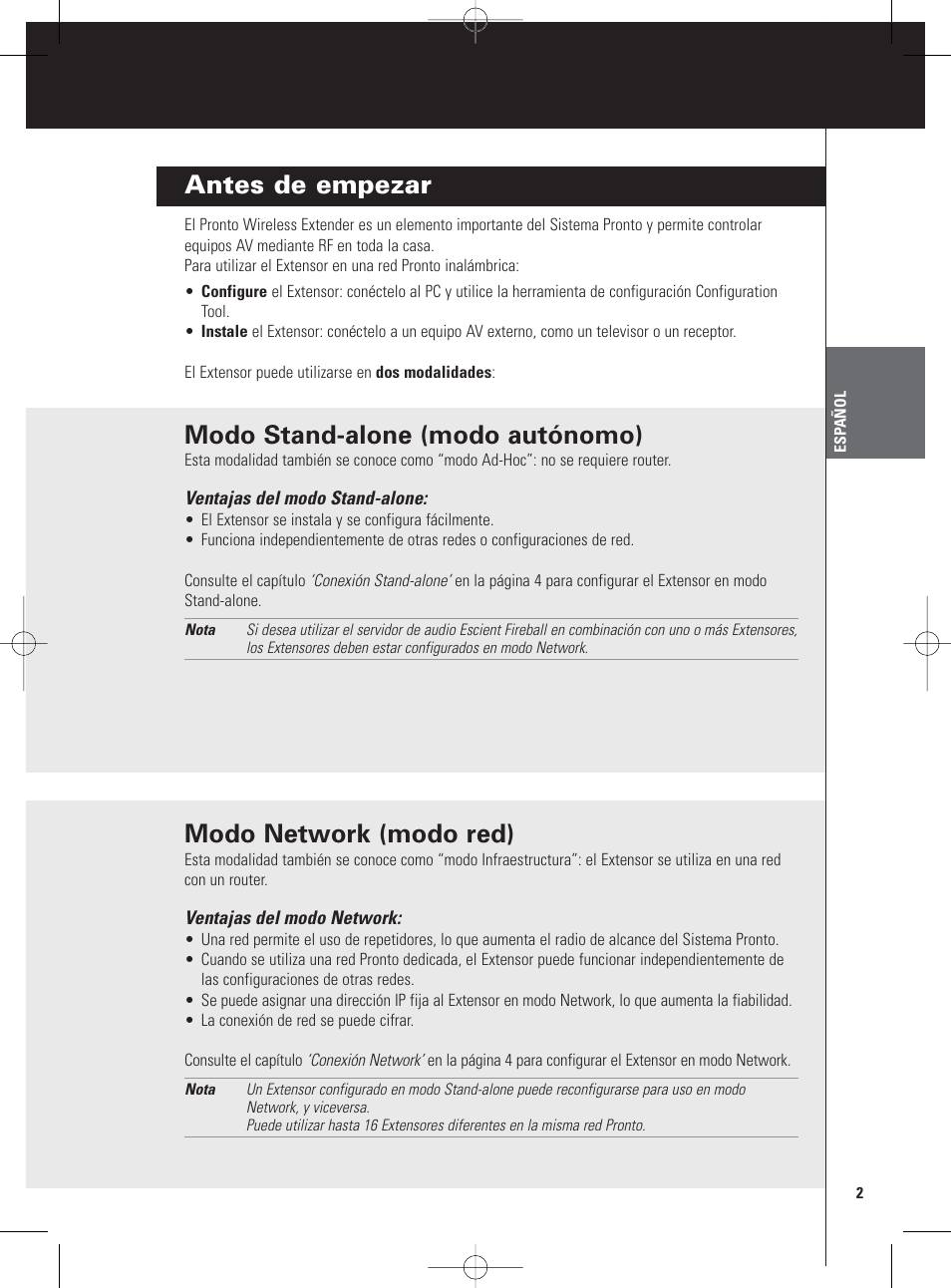 Antes de empezar, Modo stand-alone (modo autónomo), Modo network (modo red) | Philips Pronto Extension sans fil User Manual | Page 15 / 40