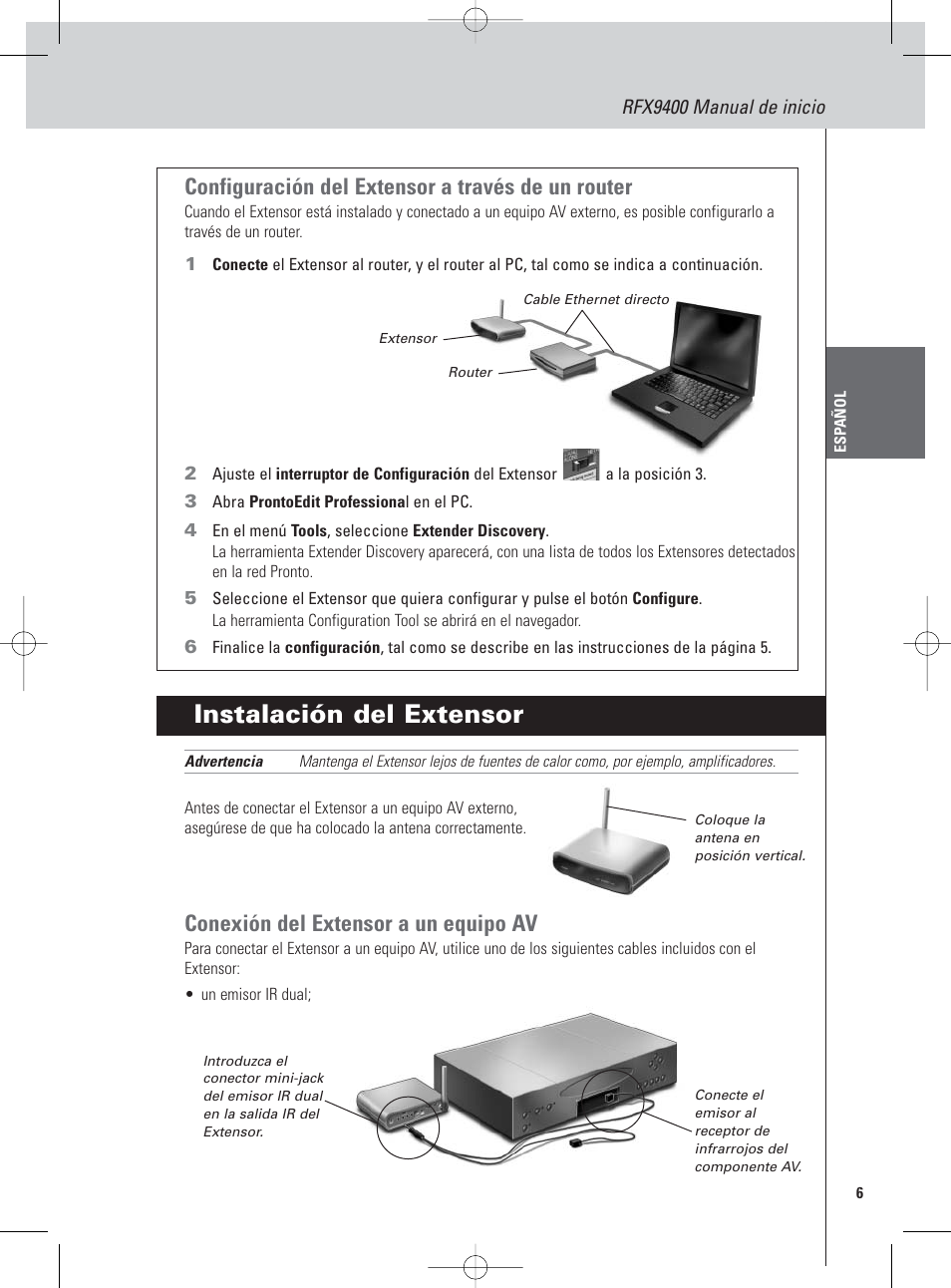 Instalación del extensor, Configuración del extensor a través de un router, Conexión del extensor a un equipo av | Philips Pronto Extension sans fil User Manual | Page 19 / 40