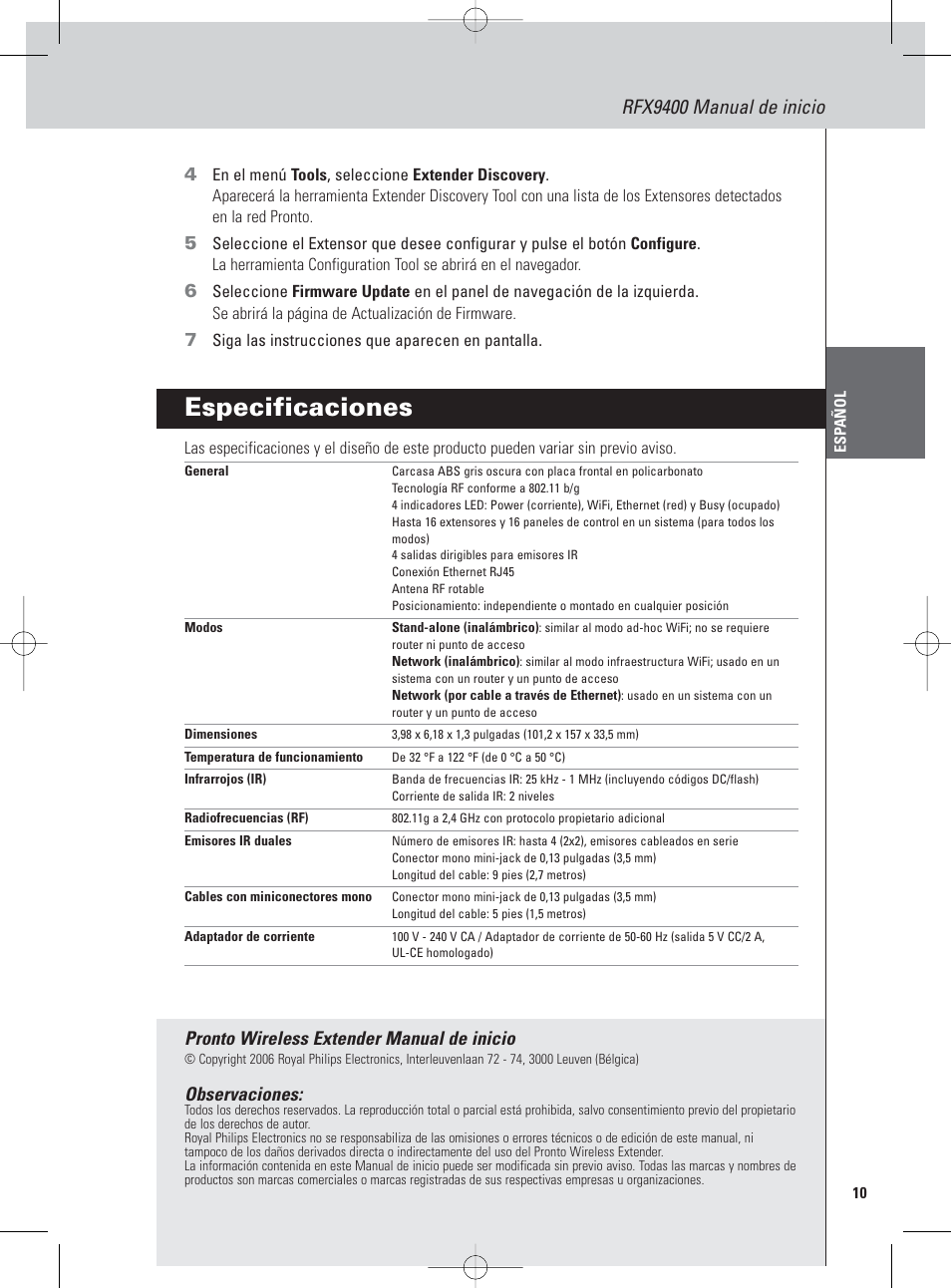 Especificaciones, Rfx9400 manual de inicio, Pronto wireless extender manual de inicio | Observaciones | Philips Pronto Extension sans fil User Manual | Page 23 / 40