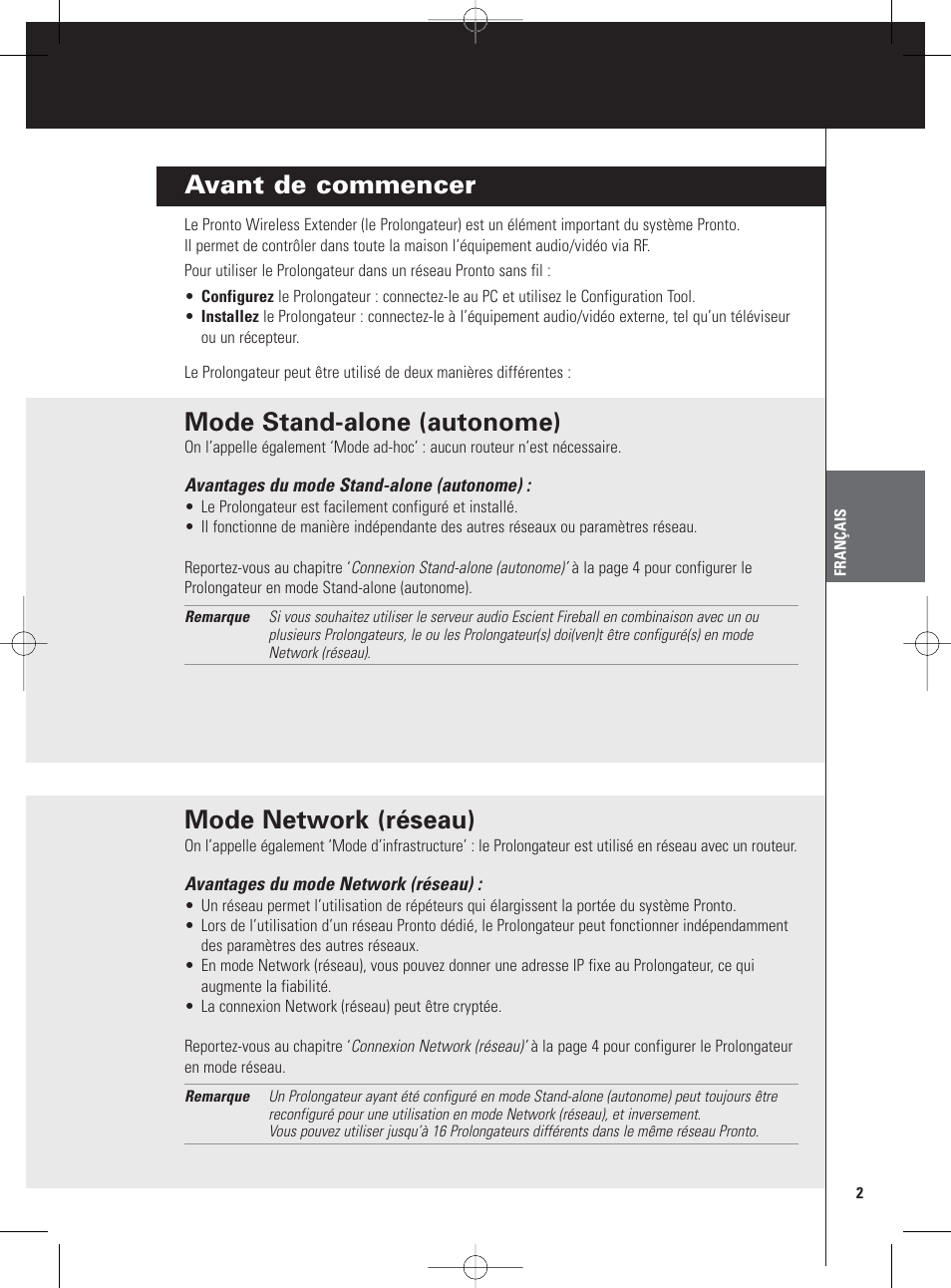 Avant de commencer, Mode stand-alone (autonome), Mode network (réseau) | Philips Pronto Extension sans fil User Manual | Page 25 / 40
