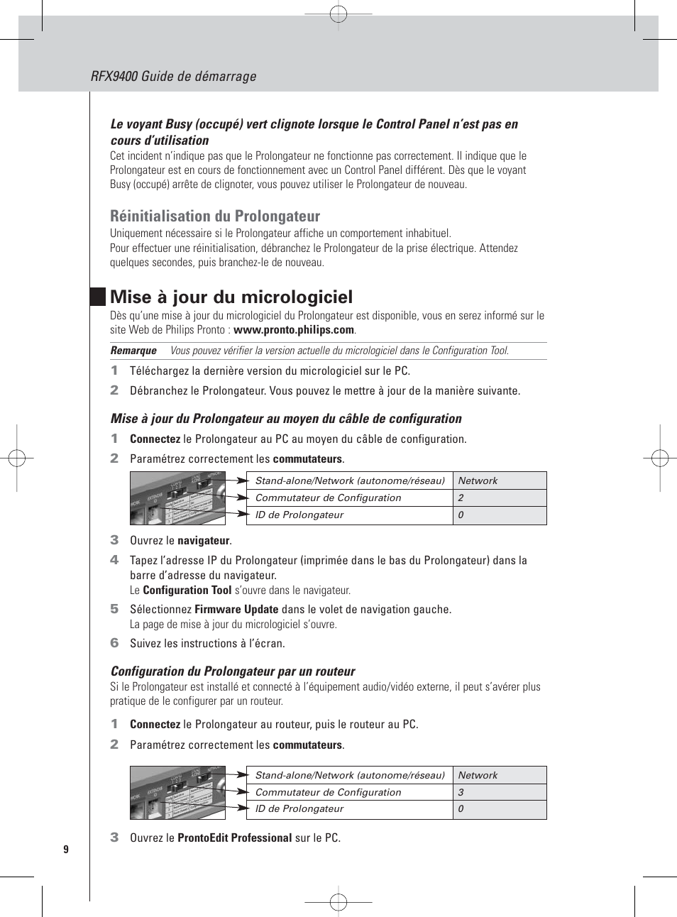 Mise à jour du micrologiciel, Réinitialisation du prolongateur | Philips Pronto Extension sans fil User Manual | Page 32 / 40