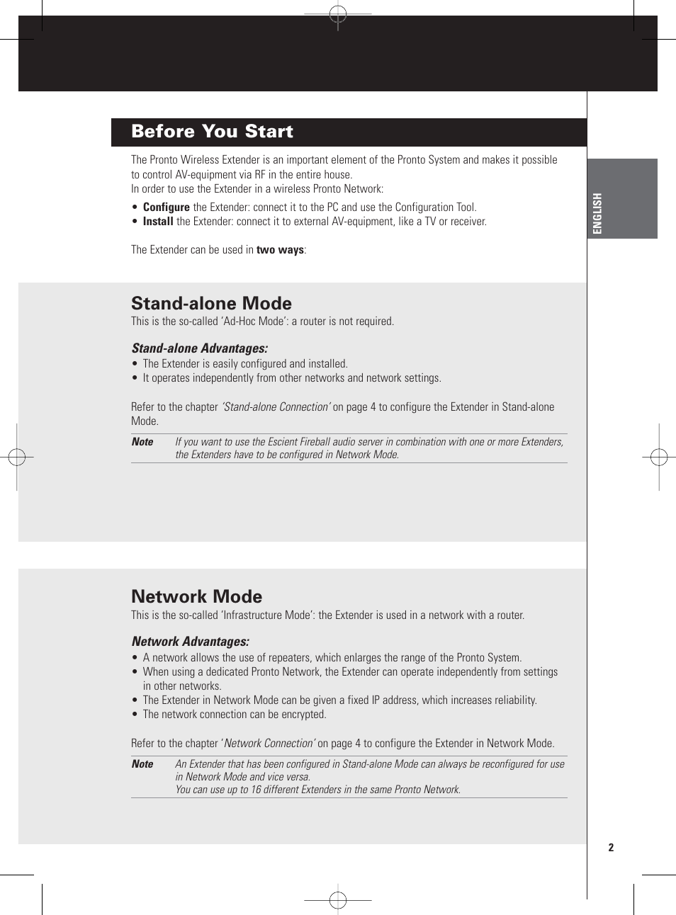 Before you start, Stand-alone mode, Network mode | Philips Pronto Extension sans fil User Manual | Page 5 / 40