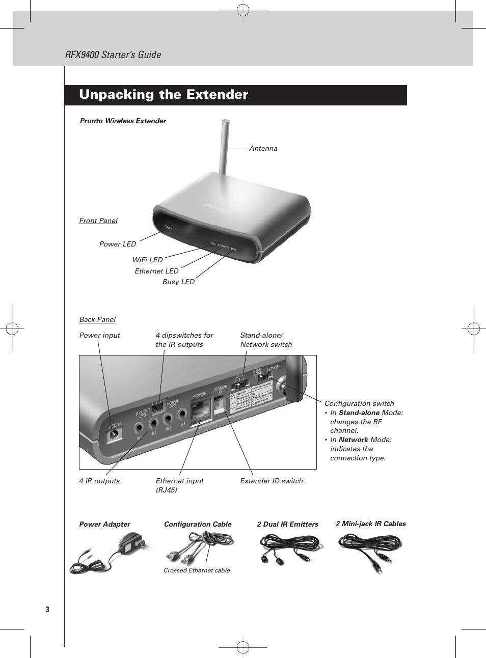 Unpacking the extender, Rfx9400 starter’s guide | Philips Pronto Extension sans fil User Manual | Page 6 / 40