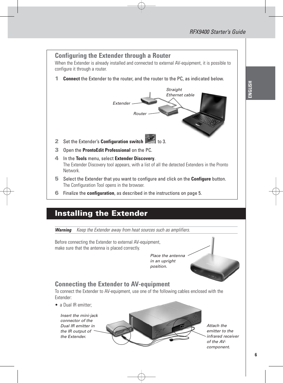 Installing the extender, Configuring the extender through a router, Connecting the extender to av-equipment | Philips Pronto Extension sans fil User Manual | Page 9 / 40