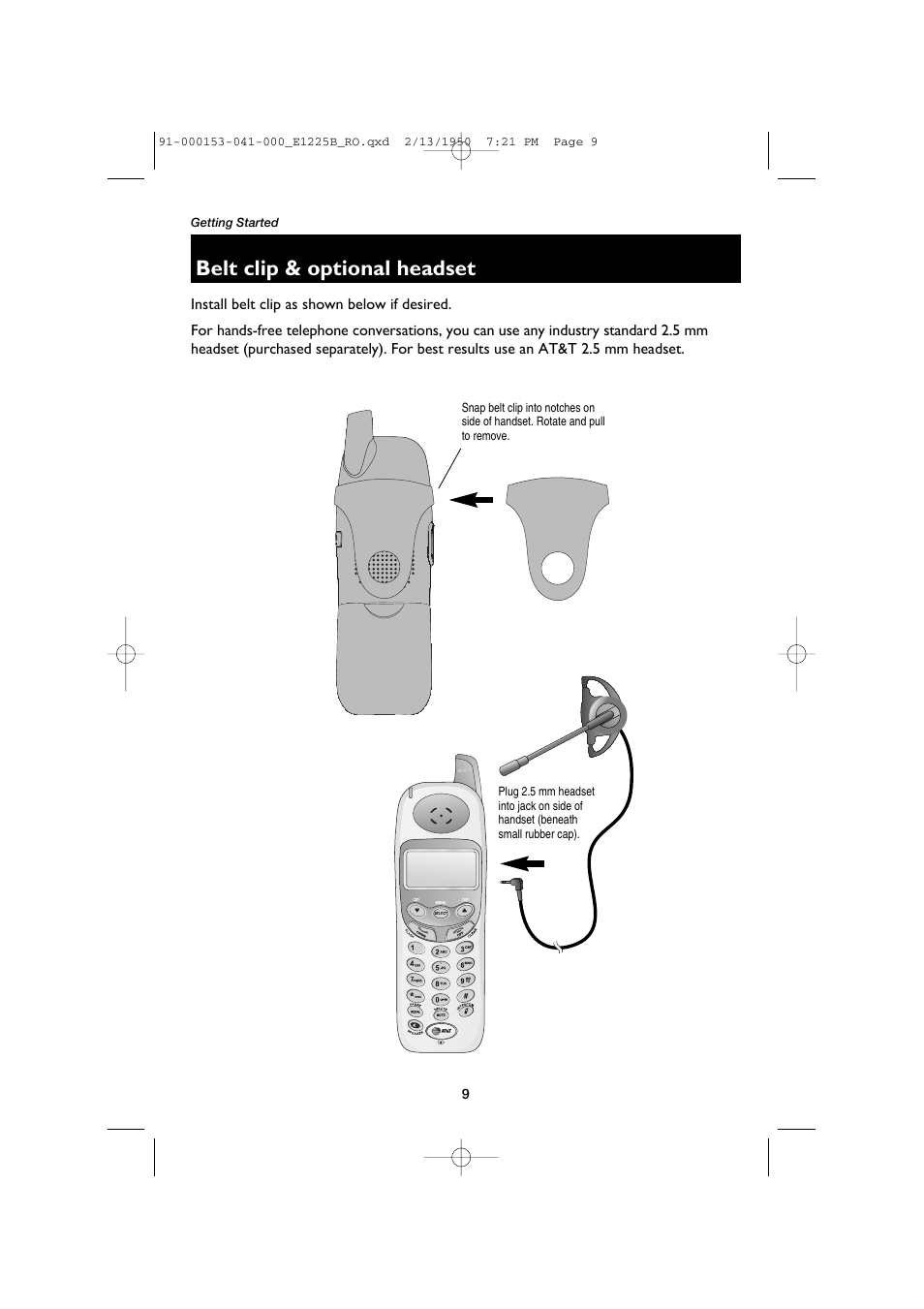 Belt clip & optional headset | AT&T E2725B User Manual | Page 11 / 39