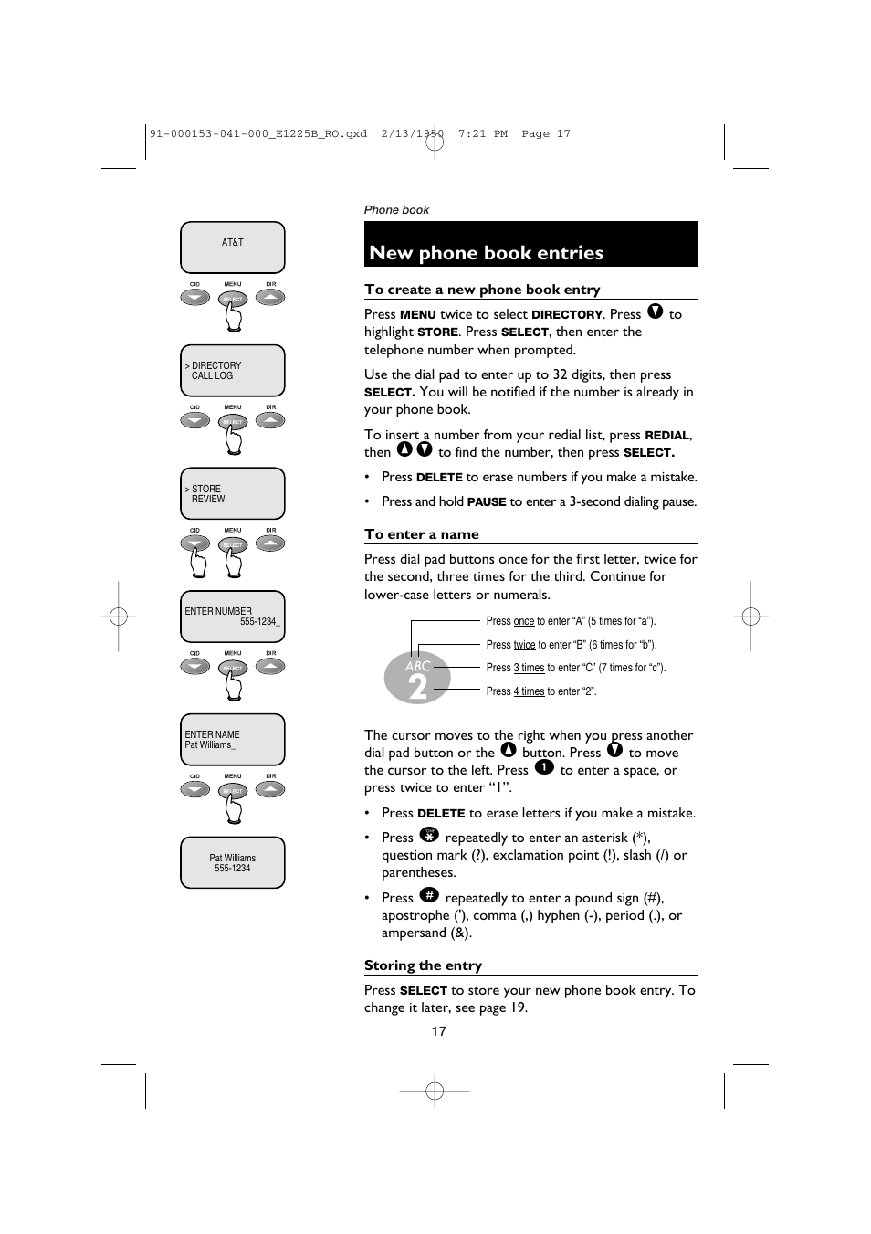 New phone book entries | AT&T E2725B User Manual | Page 19 / 39