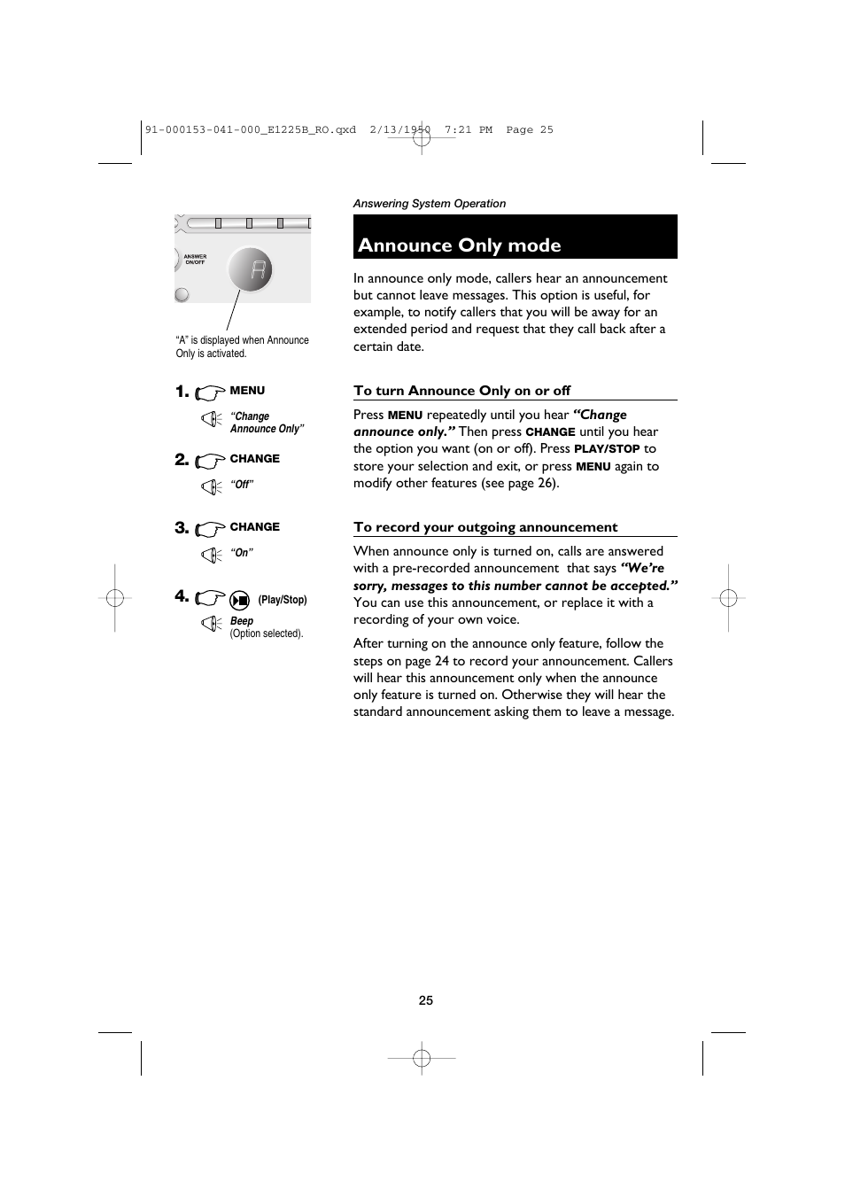 Announce only mode | AT&T E2725B User Manual | Page 27 / 39