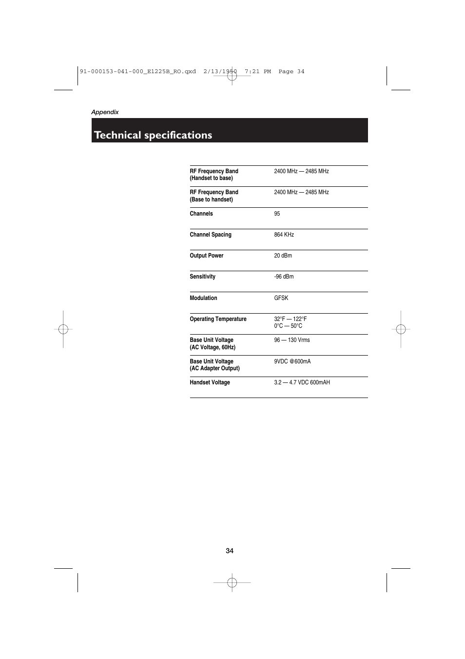 Technical specifications | AT&T E2725B User Manual | Page 36 / 39