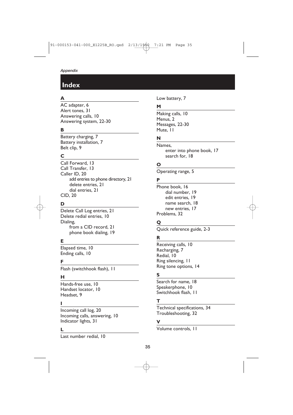 Index | AT&T E2725B User Manual | Page 37 / 39