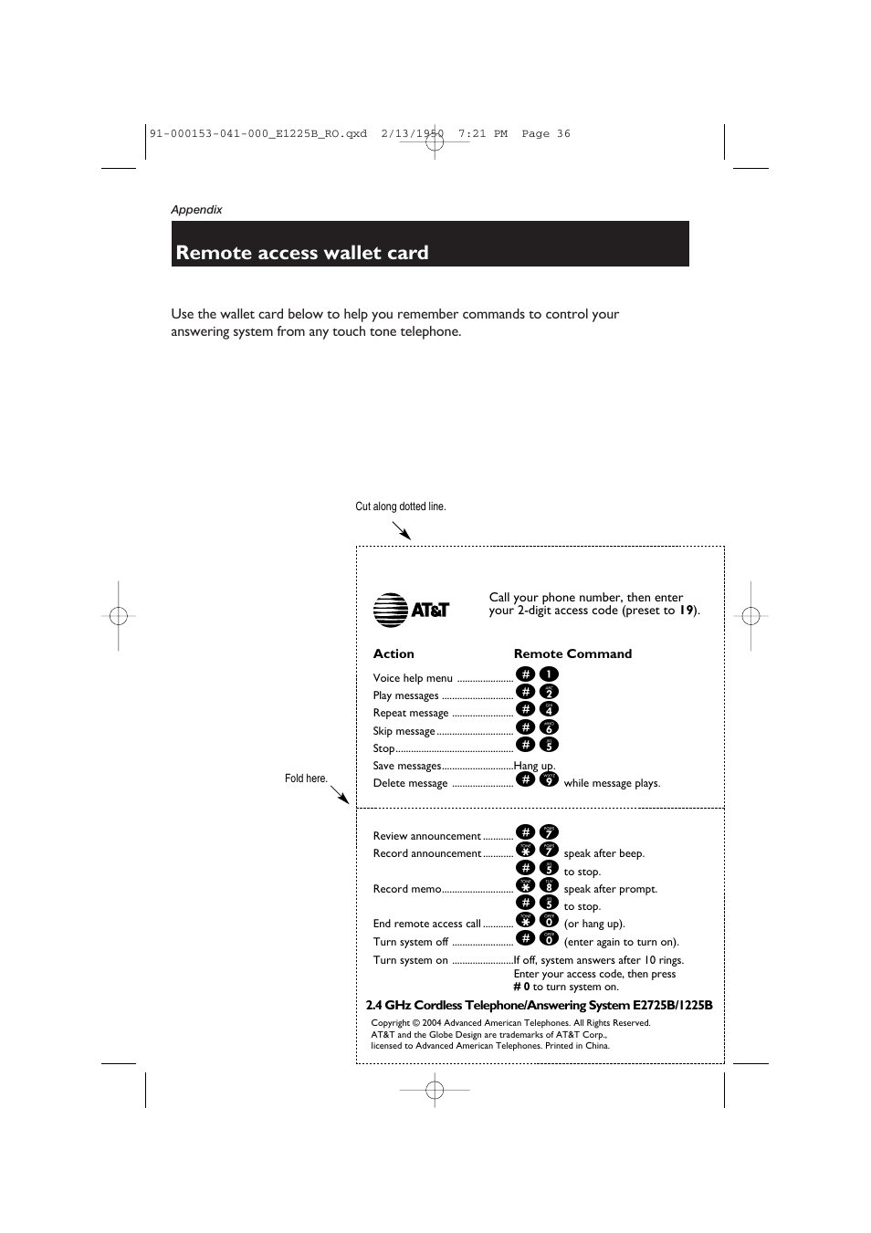 Remote access wallet card | AT&T E2725B User Manual | Page 38 / 39