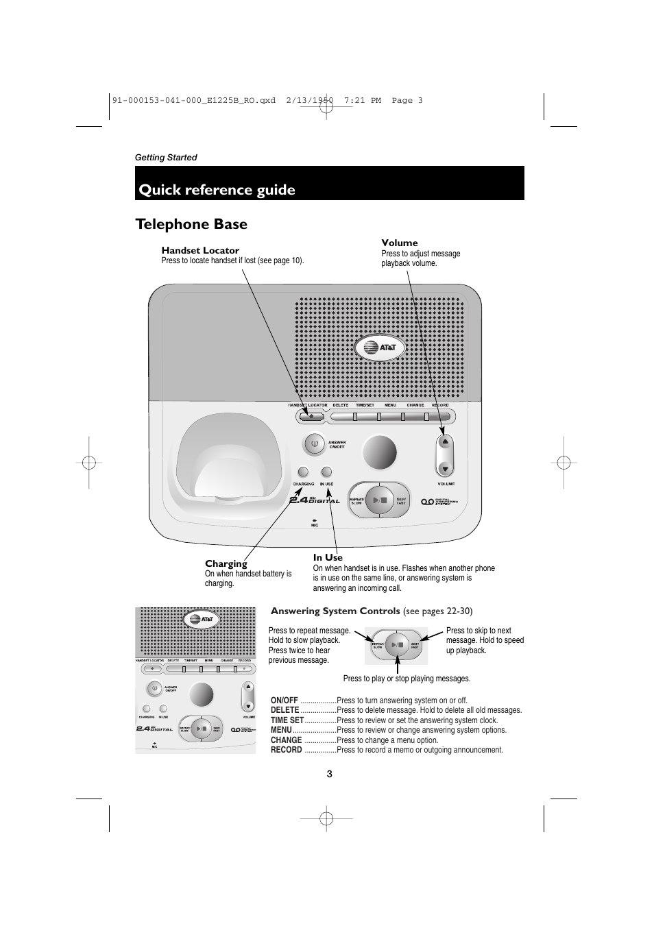 Quick reference guide telephone base | AT&T E2725B User Manual | Page 5 / 39