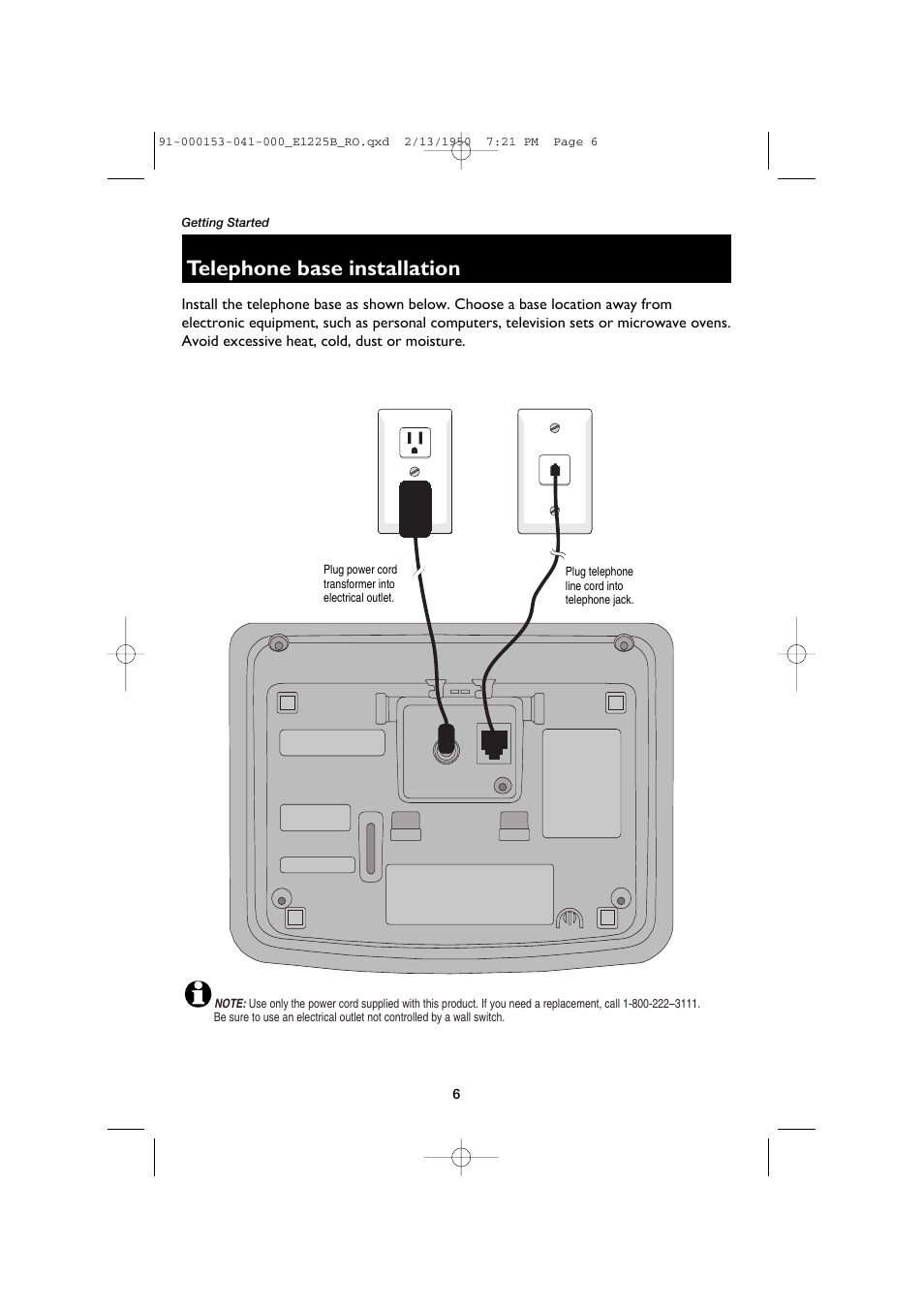 Telephone base installation | AT&T E2725B User Manual | Page 8 / 39