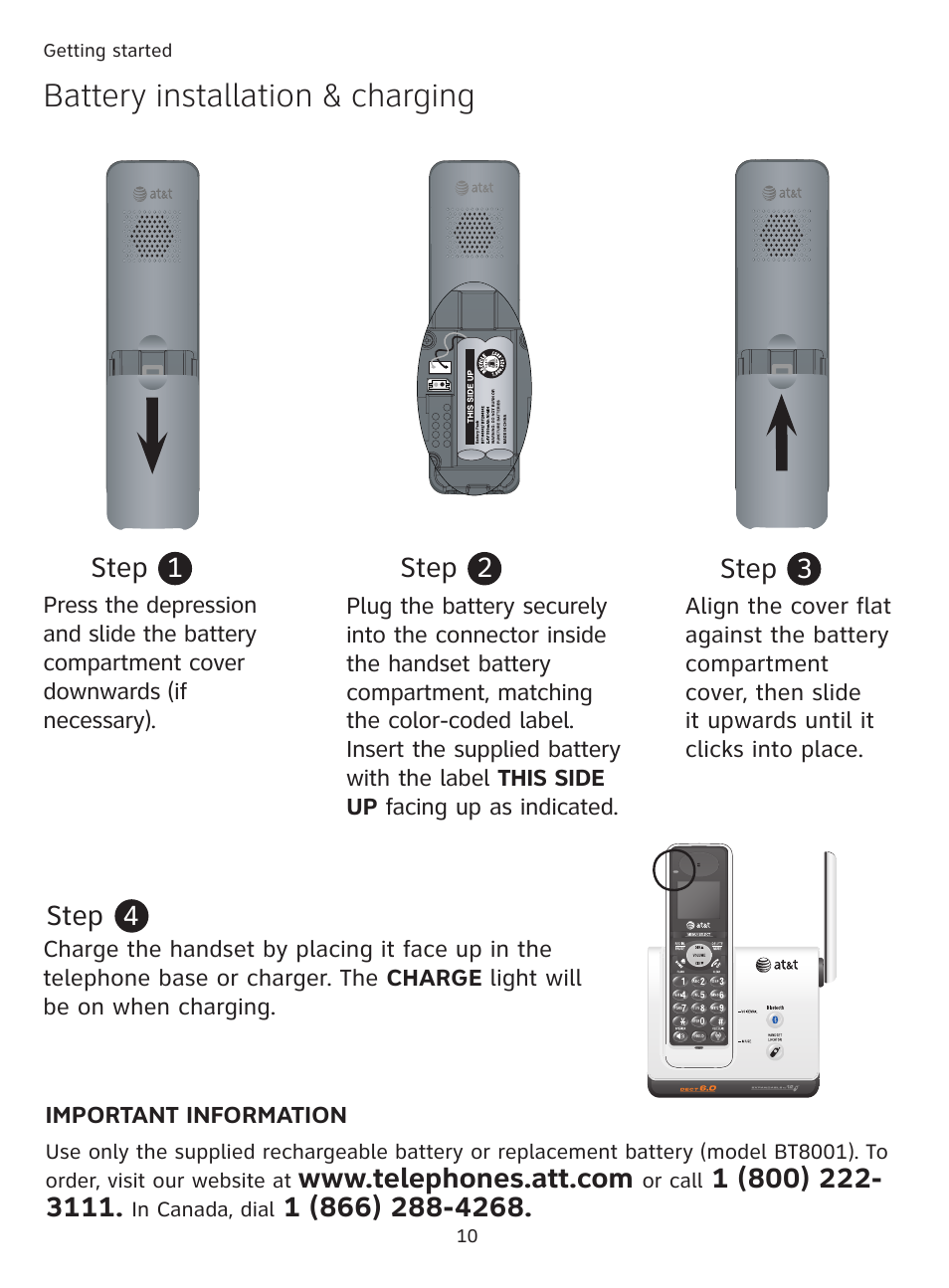 Battery installation & charging | AT&T DECT TL91278 User Manual | Page 15 / 91