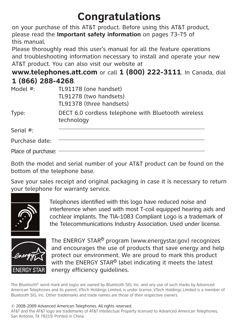 AT&T DECT TL91278 User Manual | Page 2 / 91