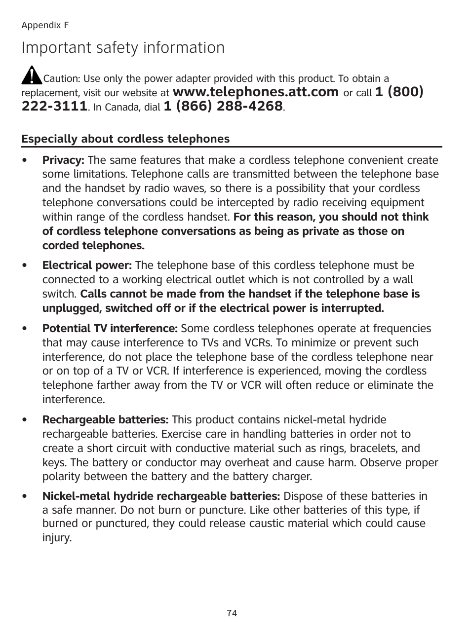 Important safety information | AT&T DECT TL91278 User Manual | Page 79 / 91
