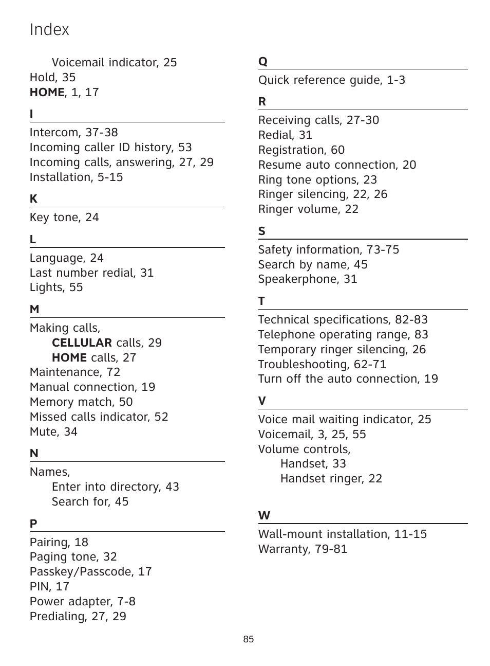 Index | AT&T DECT TL91278 User Manual | Page 90 / 91