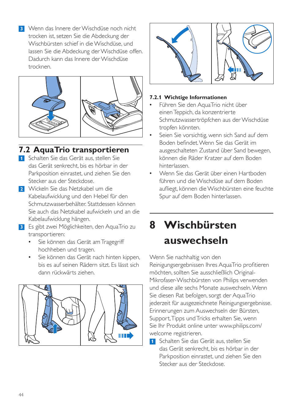 8 wischbürsten auswechseln, 2 aquatrio transportieren | Philips AquaTrio Système d'aspiration et lavage User Manual | Page 44 / 134