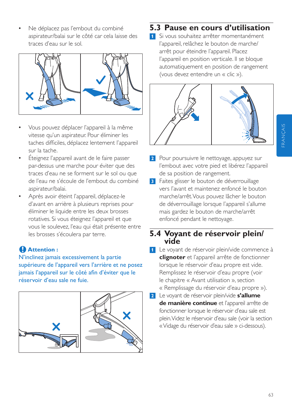 3 pause en cours d’utilisation, 4 voyant de réservoir plein/ vide | Philips AquaTrio Système d'aspiration et lavage User Manual | Page 63 / 134