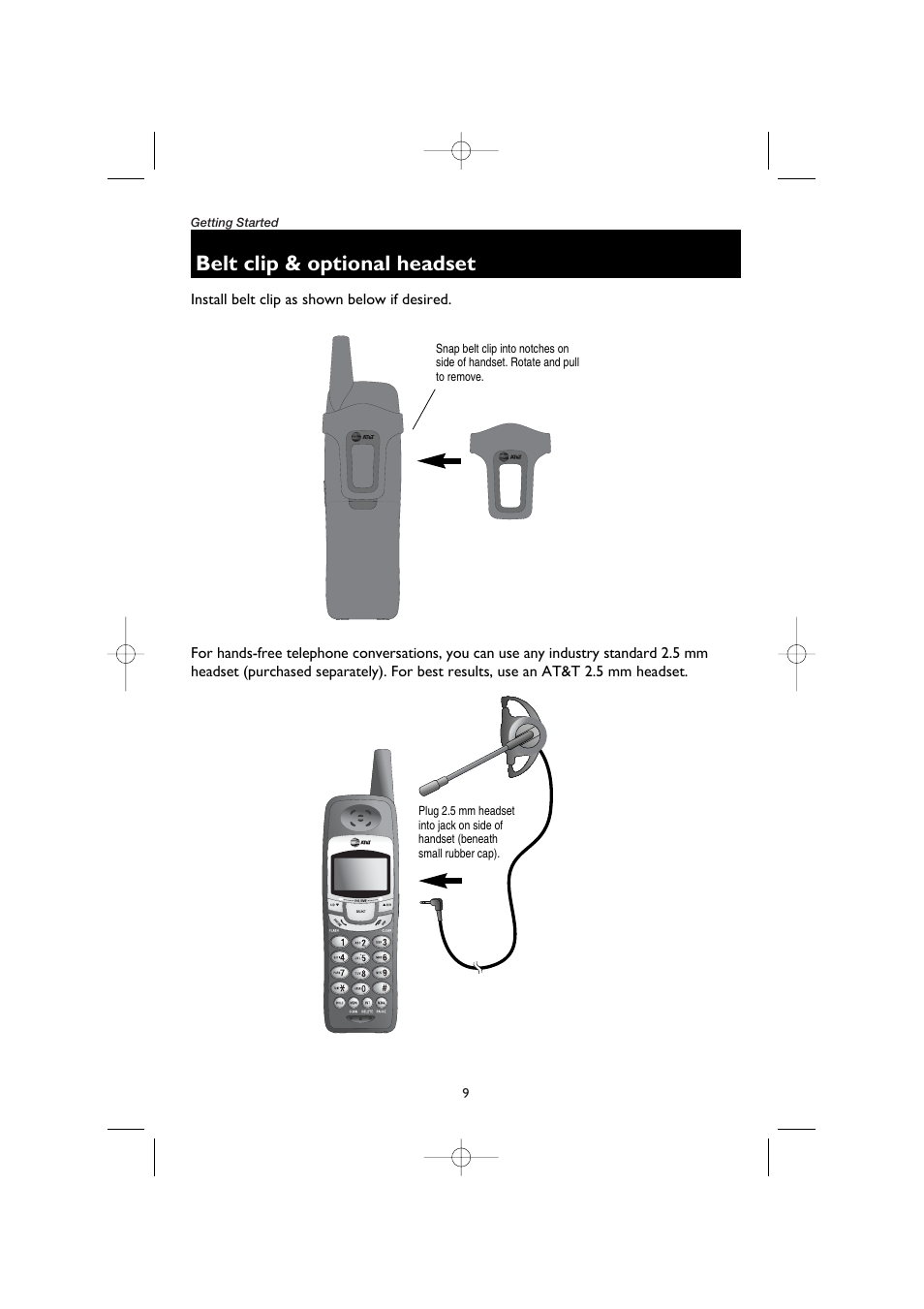 Belt clip & optional headset | AT&T E5908 User Manual | Page 13 / 62
