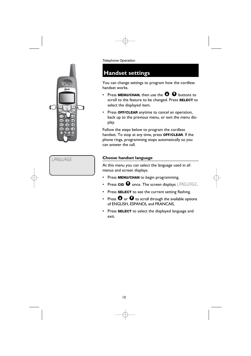 Telephone operation, Handset settings, Choose handset language | AT&T E5908 User Manual | Page 14 / 62