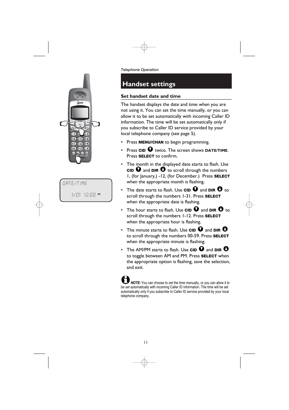 Set handset date and time, Handset settings | AT&T E5908 User Manual | Page 15 / 62