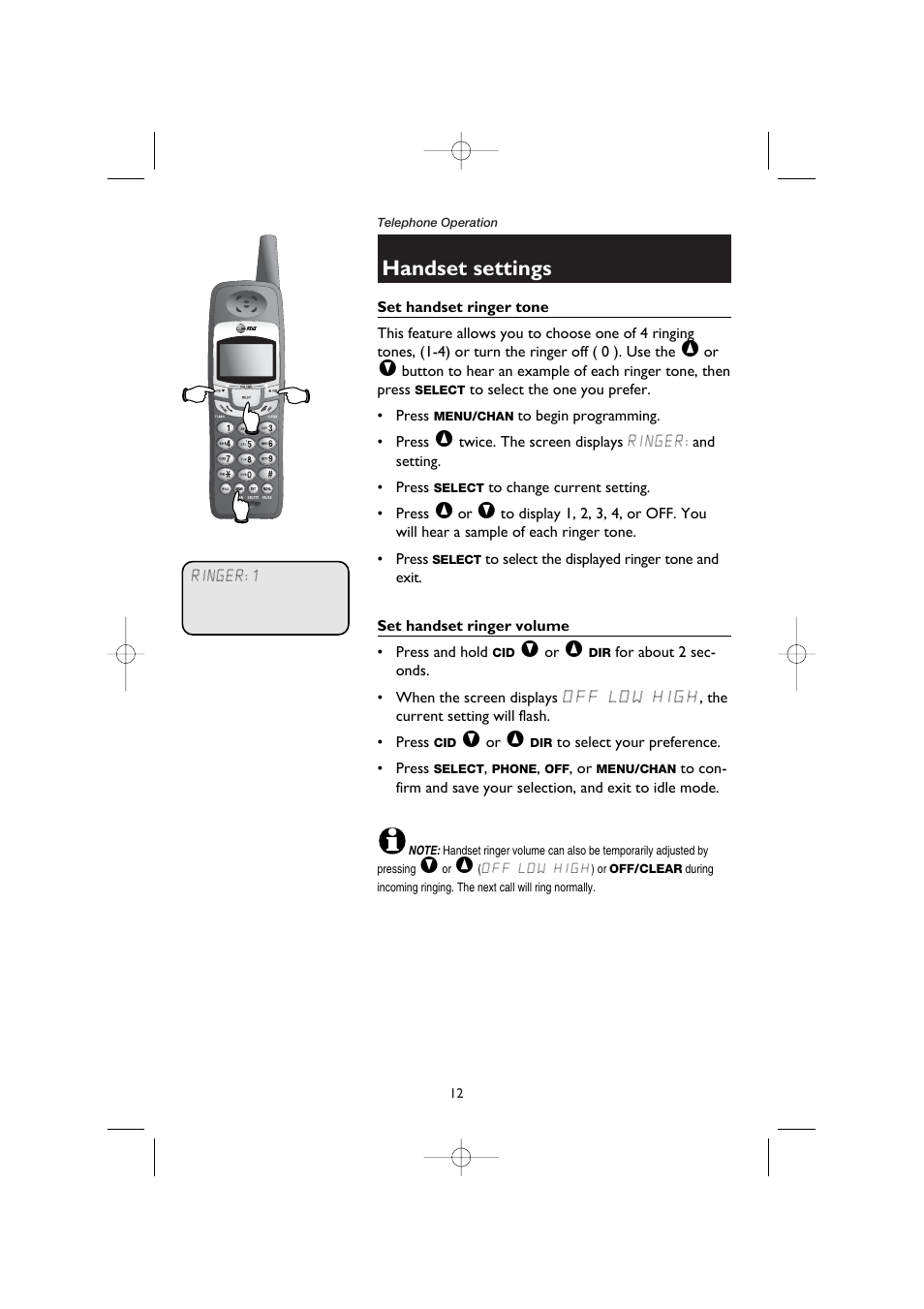 Set handset ringer tone, Set handset ringer volume, Handset settings | AT&T E5908 User Manual | Page 16 / 62