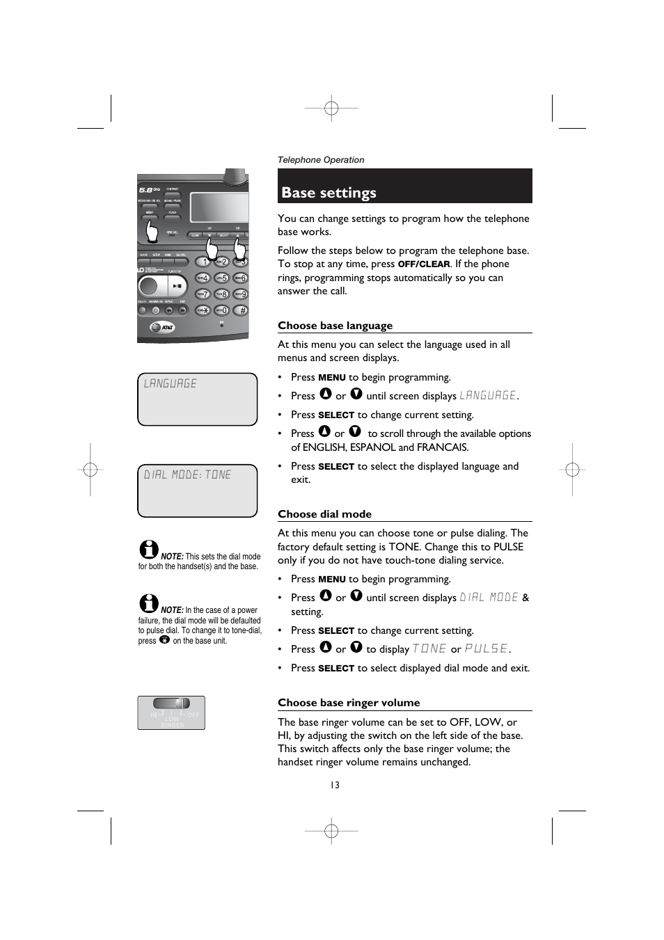 Base settings, Choose base language, Choose dial mode | Choose base ringer volume | AT&T E5908 User Manual | Page 17 / 62