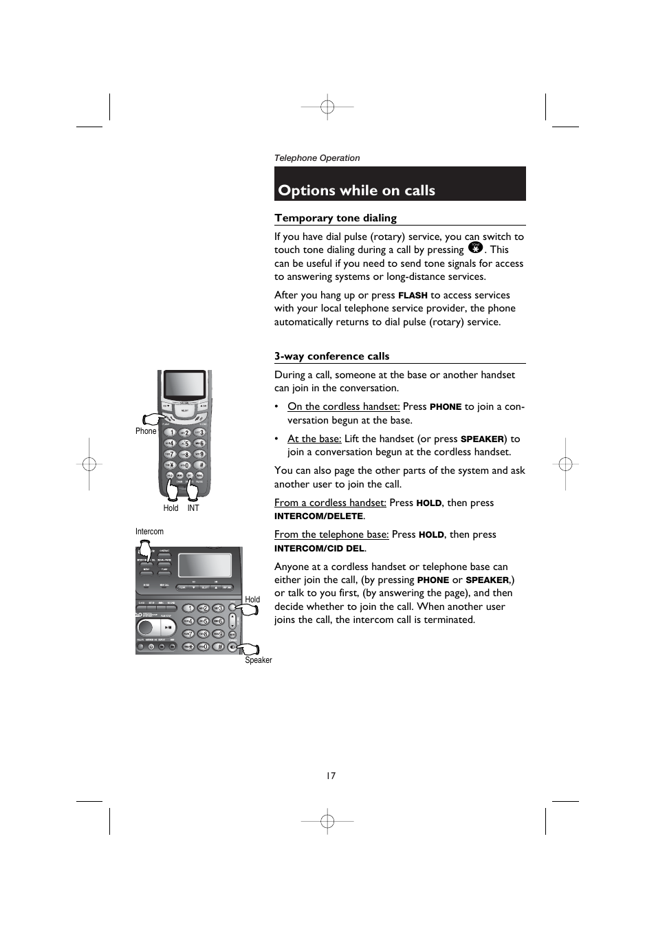 Temporary tone dialing, Way conference calls, Options while on calls | AT&T E5908 User Manual | Page 21 / 62